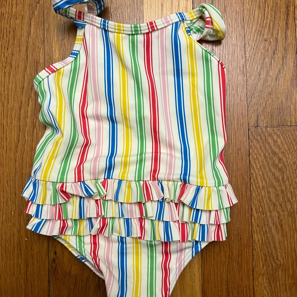 Baby Boden Rainbow Stripe Ruffle One-Piece Swimsuit - Multicolor - size 6-9m